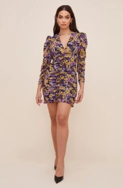 Ruched Front Long Sleeve Dress 15 Ruched Front Long Sleeve Dress -Sundress Haven ADR100730 MUSTARDPURPLEFLORAL 1