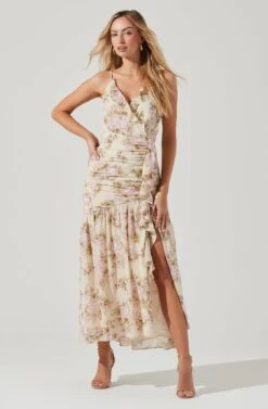 Kiana Floral Ruched Midi Dress -Sundress Haven ADR100821 CUSTARDLILACFLORAL 0214