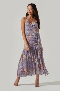 Kiana Floral Ruched Midi Dress -Sundress Haven ADR100821 LAVENDERMULTIFLRL 1