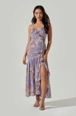 Kiana Floral Ruched Midi Dress -Sundress Haven ADR100821 LAVENDERMULTIFLRL 2