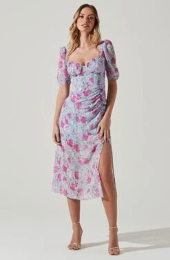 Floral Front Slit Milkmaid Midi Dress -Sundress Haven ADR100913 BLUEMAGENTAFLORAL 1