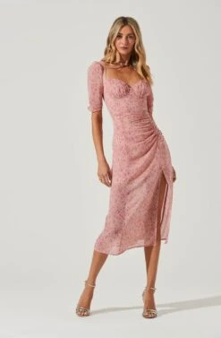 Front Slit Milkmaid Dress -Sundress Haven ADR100913 BLUSH FUCHSIA DITSY 1