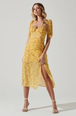 Floral Front Slit Milkmaid Midi Dress -Sundress Haven ADR100913 YELLOWPURPLEFLORAL 2