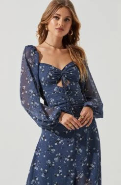 Long Sleeve Sweetheart Neck Midi Dress -Sundress Haven ADR101032 BLUEFLORAL 0276