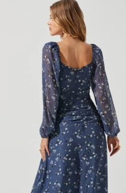 Long Sleeve Sweetheart Neck Midi Dress -Sundress Haven ADR101032 BLUEFLORAL 0283