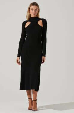 Front Cutout Long Sleeve Sweater Midi Dress 7 Front Cutout Long Sleeve Sweater Midi Dress -Sundress Haven ADR101079 BLACK 2
