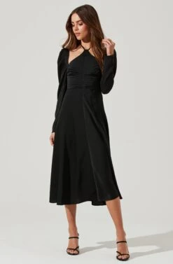 Cinched Halter Tie Satin Midi Dress -Sundress Haven ADR101155 BLACK 0715