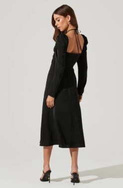 Cinched Halter Tie Satin Midi Dress -Sundress Haven ADR101155 BLACK 0730