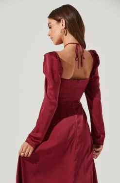 Cinched Halter Tie Satin Midi Dress -Sundress Haven ADR101155 WINE 2195
