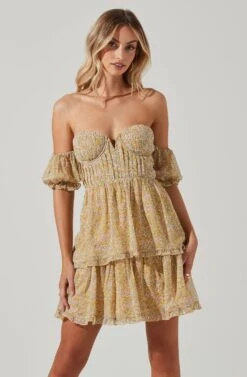 Off Shoulder Two Tier Floral Mini Dress -Sundress Haven ADR101294 YELLOWMULTIFLORAL 01431