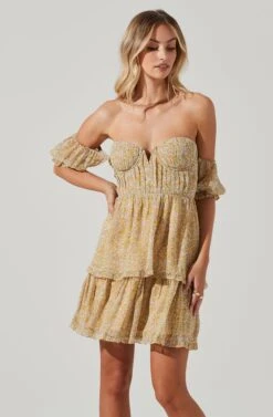 Off Shoulder Two Tier Floral Mini Dress -Sundress Haven ADR101294 YELLOWMULTIFLORAL 01441