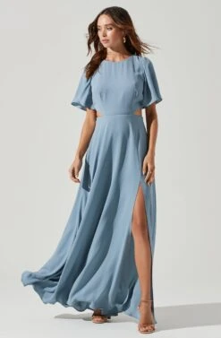 Katrina Flutter Sleeve Back Cutout Maxi Dress -Sundress Haven ADR101301B STEELBLUE 1