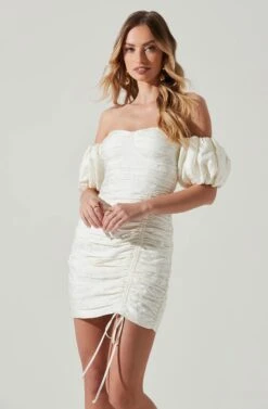 Off Shoulder Ruched Mini Dress -Sundress Haven ADR101351J WHITE 3