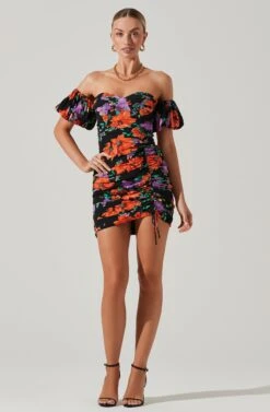 Floral Off Shoulder Ruched Mini Dress