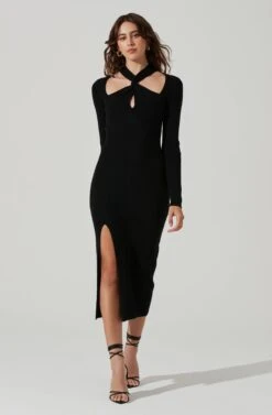 Mock Twist Neck Sweater Midi Dress -Sundress Haven ADR101425 BLACK 2