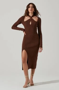 Mock Twist Neck Sweater Midi Dress -Sundress Haven ADR101425 BROWN 1