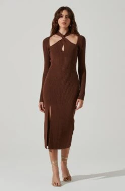 Mock Twist Neck Sweater Midi Dress -Sundress Haven ADR101425 BROWN 2