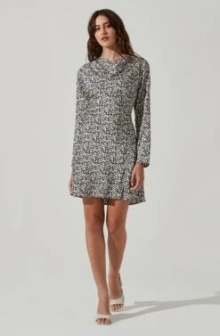 Cowl Neck Long Sleeve Mini Dress -Sundress Haven ADR101455 BLACKSAGEMULTI 1