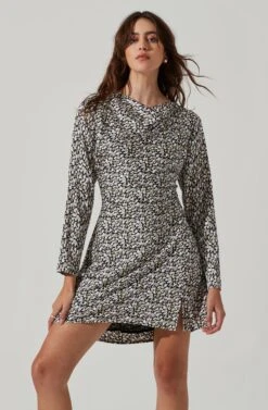 Cowl Neck Long Sleeve Mini Dress -Sundress Haven ADR101455 BLACKSAGEMULTI 3