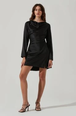 Cowl Neck Long Sleeve Mini Dress -Sundress Haven ADR101455 BLACK 1