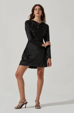 Cowl Neck Long Sleeve Mini Dress -Sundress Haven ADR101455 BLACK 2