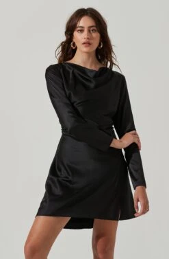 Cowl Neck Long Sleeve Mini Dress -Sundress Haven ADR101455 BLACK 3