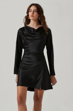 Cowl Neck Long Sleeve Mini Dress -Sundress Haven ADR101455 BLACK 4