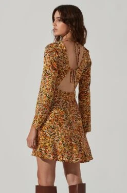 Cowl Neck Long Sleeve Mini Dress -Sundress Haven ADR101455 GOLDBLACKMULTI 4