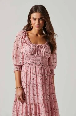 Floral Smocked Waist Tiered Midi Dress -Sundress Haven ADR101527 PINKFLORAL 5 4