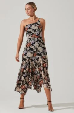 Emmylou Floral One Shoulder Midi Dress -Sundress Haven ADR101528 BLACKFLORAL 1