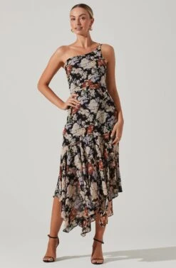 Emmylou Floral One Shoulder Midi Dress -Sundress Haven ADR101528 BLACKFLORAL 2