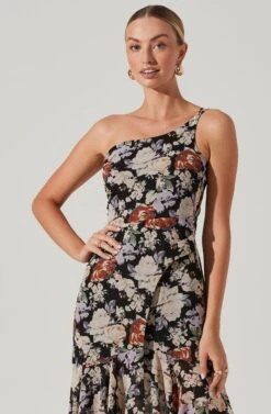 Emmylou Floral One Shoulder Midi Dress -Sundress Haven ADR101528 BLACKFLORAL 3
