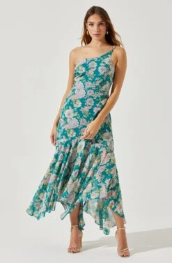 Emmylou Floral One Shoulder Midi Dress -Sundress Haven ADR101528 GREENPURPLEFLORAL 2