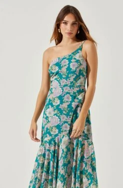 Emmylou Floral One Shoulder Midi Dress -Sundress Haven ADR101528 GREENPURPLEFLORAL 3
