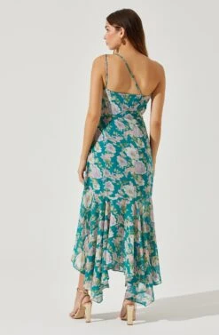 Emmylou Floral One Shoulder Midi Dress -Sundress Haven ADR101528 GREENPURPLEFLORAL 5