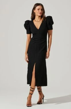 Puff Sleeve V Front Midi Dress -Sundress Haven ADR101559 BLACK 2