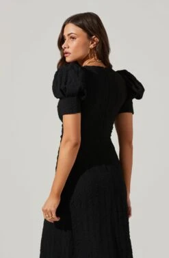 Puff Sleeve V Front Midi Dress -Sundress Haven ADR101559 BLACK 4