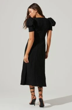 Puff Sleeve V Front Midi Dress -Sundress Haven ADR101559 BLACK 5