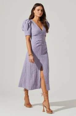 Puff Sleeve V Front Midi Dress -Sundress Haven ADR101559 PURPLE 1