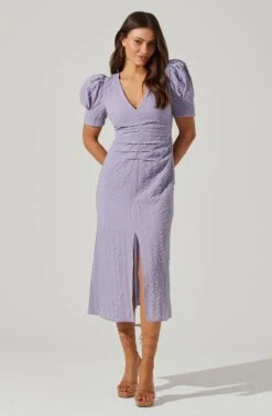 Puff Sleeve V Front Midi Dress -Sundress Haven ADR101559 PURPLE 2