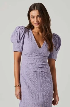 Puff Sleeve V Front Midi Dress -Sundress Haven ADR101559 PURPLE 3