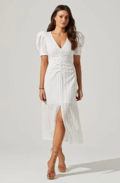Puff Sleeve V Front Midi Dress -Sundress Haven ADR101559 WHITE 1