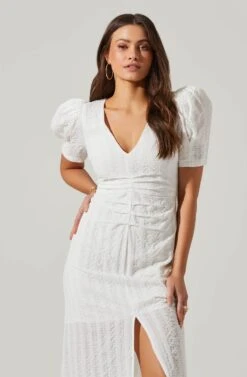 Puff Sleeve V Front Midi Dress -Sundress Haven ADR101559 WHITE 3