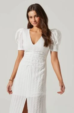 Puff Sleeve V Front Midi Dress -Sundress Haven ADR101559 WHITE 4