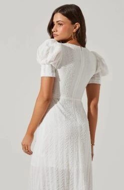 Puff Sleeve V Front Midi Dress -Sundress Haven ADR101559 WHITE 5