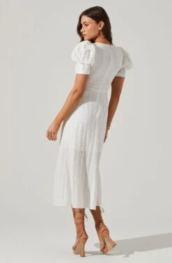 Puff Sleeve V Front Midi Dress -Sundress Haven ADR101559 WHITE 6