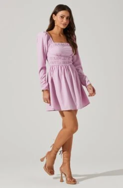 Cinched Waist Long Sleeve Mini Dress -Sundress Haven ADR101577 LAVENDER 1