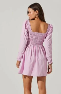 Cinched Waist Long Sleeve Mini Dress -Sundress Haven ADR101577 LAVENDER 4