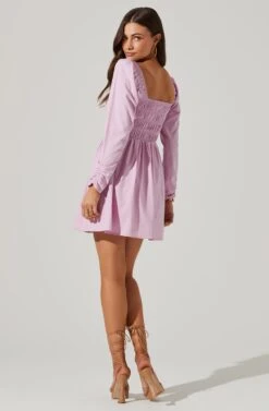 Cinched Waist Long Sleeve Mini Dress -Sundress Haven ADR101577 LAVENDER 5