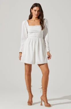 Cinched Waist Long Sleeve Mini Dress -Sundress Haven ADR101577 WHITE 1